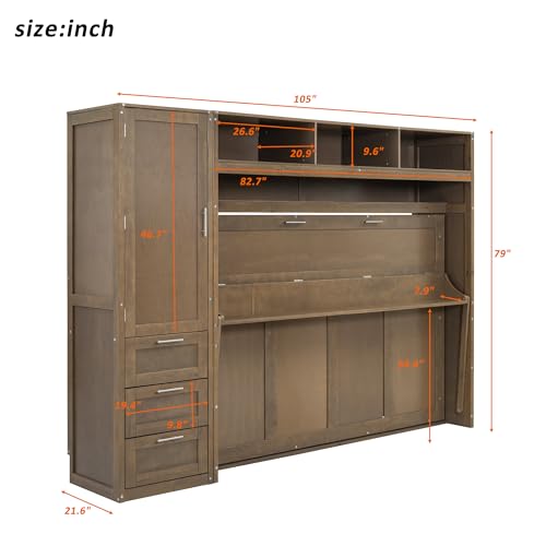 Modern Full Size Murphy Bed with Wardrobe and Storage Drawers, Solid Wood, Antique Grey N211