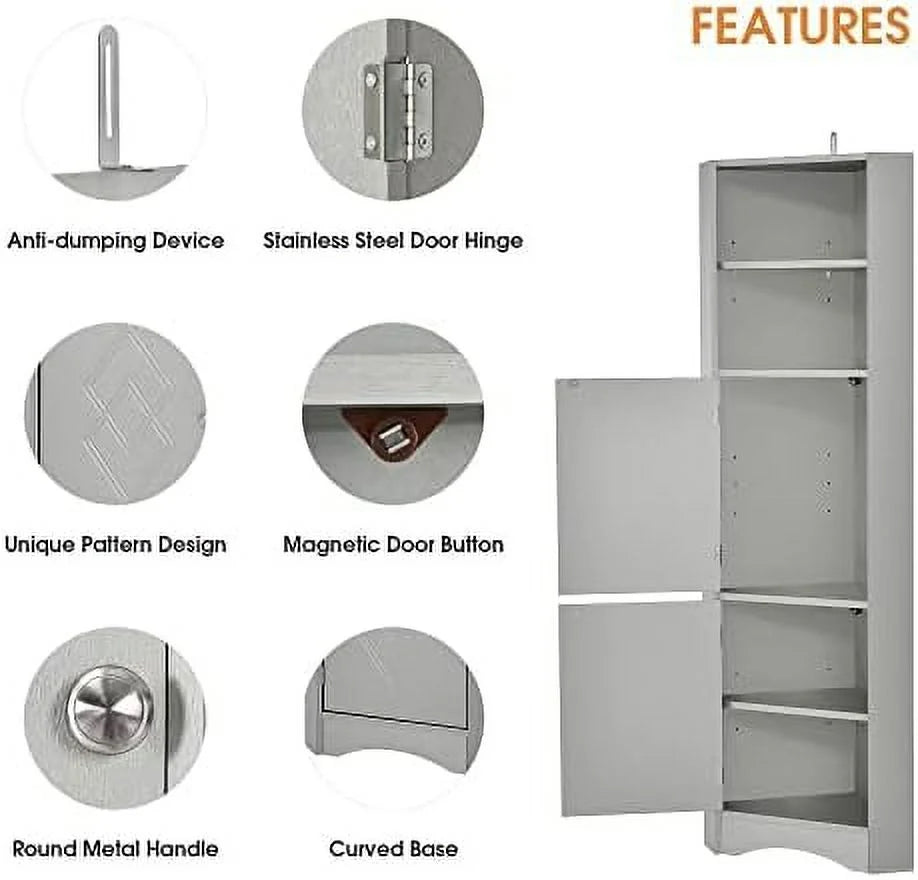 TJUNBOLIFE Corner Cabinet with Doors and 2 Adjustable Shelves, Gray I237