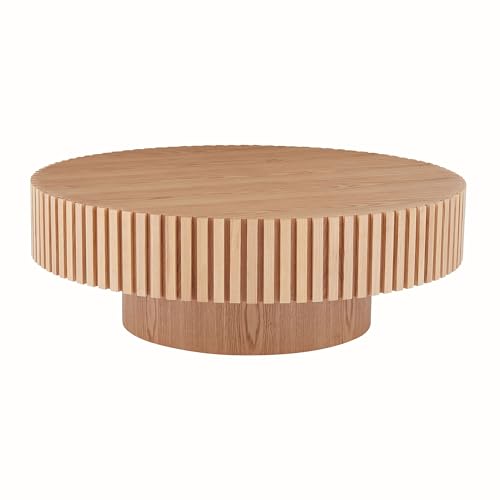 Walnut Wood Round Drum Coffee Table with Vertical Texture Z1778