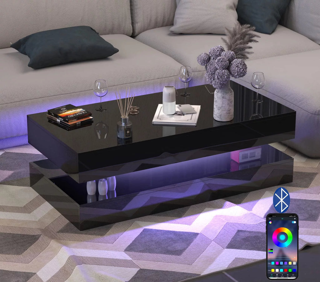 LED Coffee Table with 2 Storage Drawers, App Control k7m