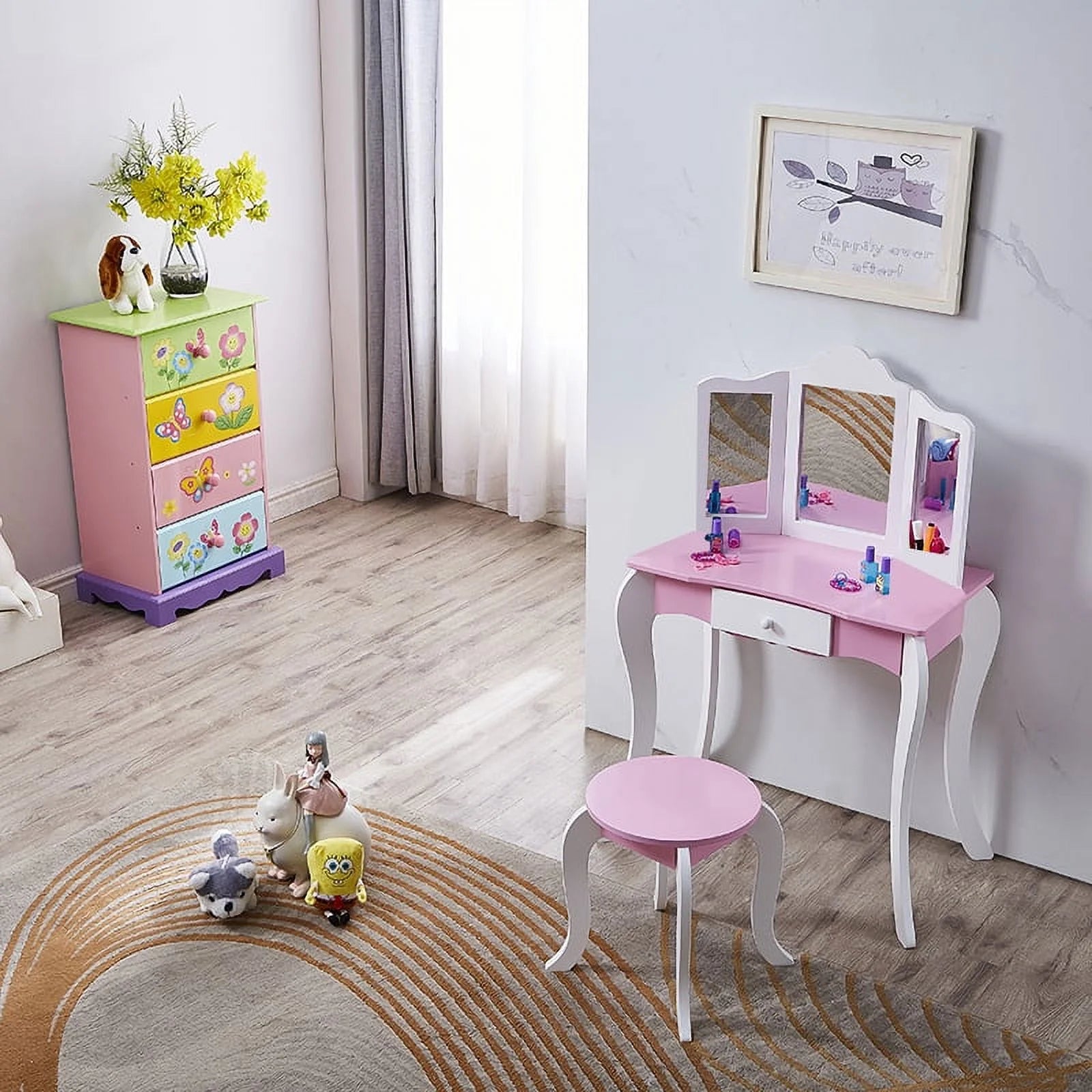 iRerts Kids Vanity Set with Mirror Princess Makeup Dressing Table, Pink O494