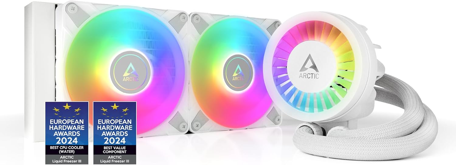 ARCTIC Liquid Freezer III 240 A-RGB - CPU AIO Water Cooler, Water Cooling PC, Intel & AMD, Efficient PWM-Controlled Pump, Fan: 200–2000 RPM, LGA1851 and LGA1700 Contact Frame - White
