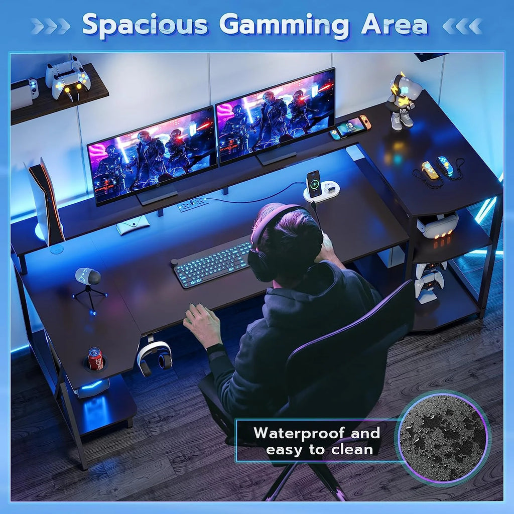 70.8'' Computer Desk with LED Lights and Storage Shelves, Black J414040