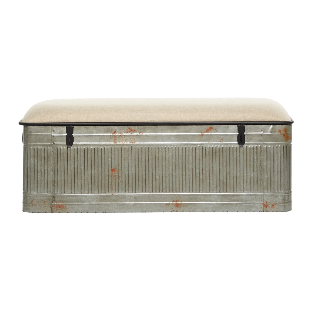 DecMode Metal Galvanized Storage Bench with Cream Burlap Top K1740