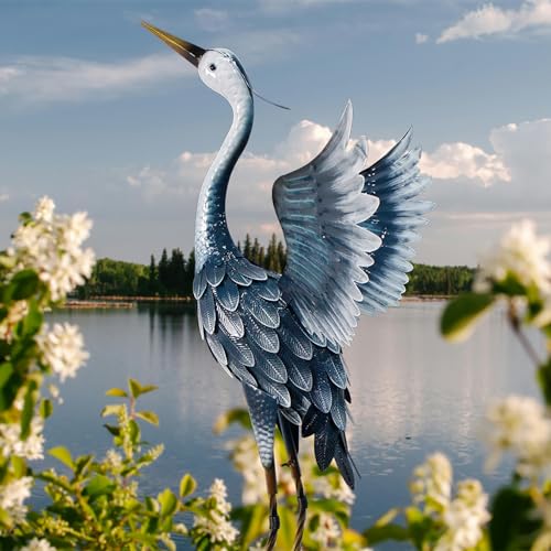 Metal Heron Statue Garden Decor Blue k7m