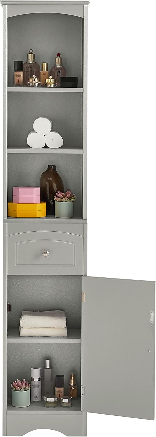 Tall Slim Bathroom Storage Cabinet with 3-Tier Shelf and Drawer, Grey M889