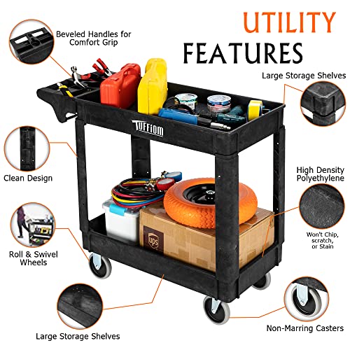 Plastic Utility Cart with Deep Shelves, 550lbs Capacity, Rolling 2-Tier Organizer a7k