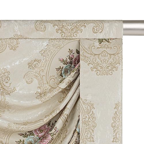 Loom and Mill Luxury Jacquard Waterfall Valance, Floral Damask with Tassels, Pearly Beige, 79 Inch, 1 Panel K1125
