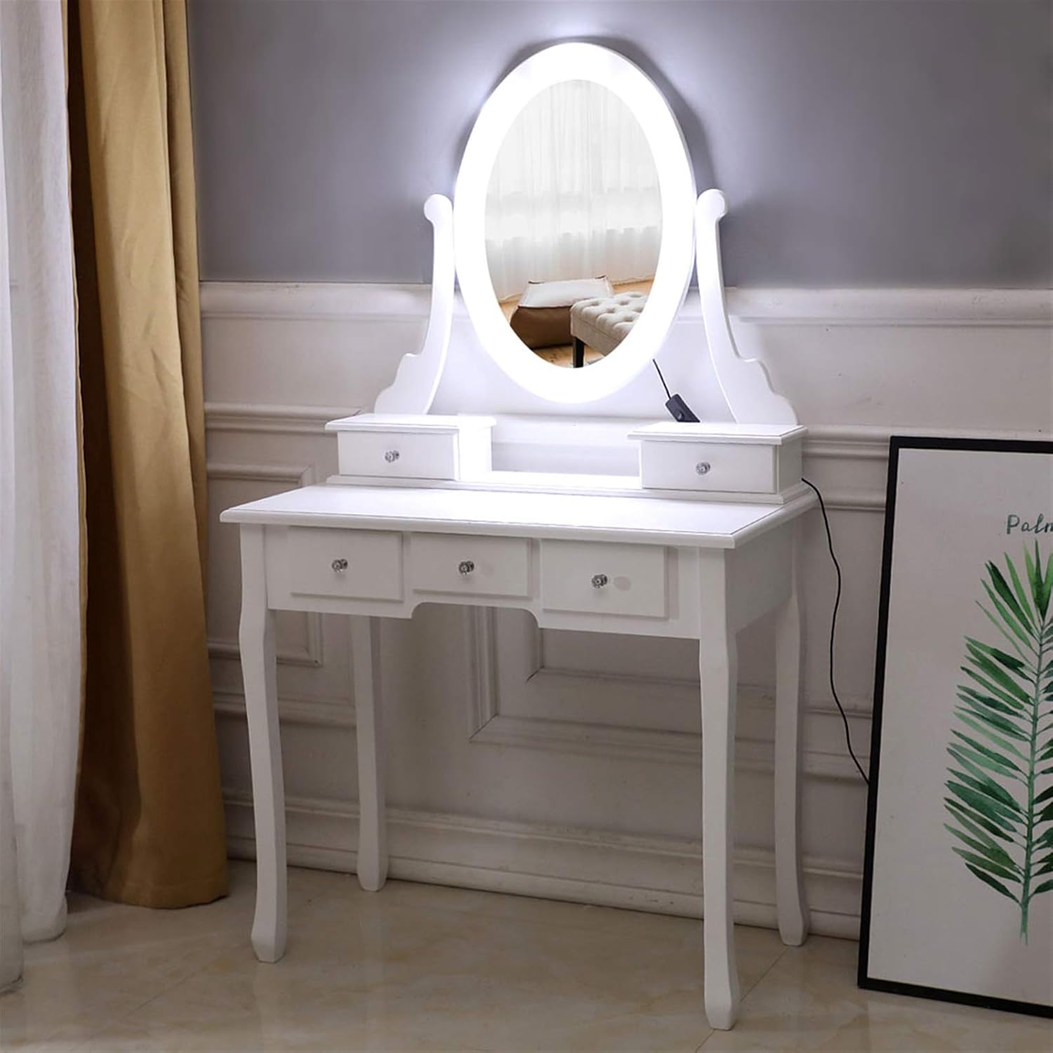 White Lighted Makeup Vanity Set with Rotating Mirror and Cushioned Stool Y385384