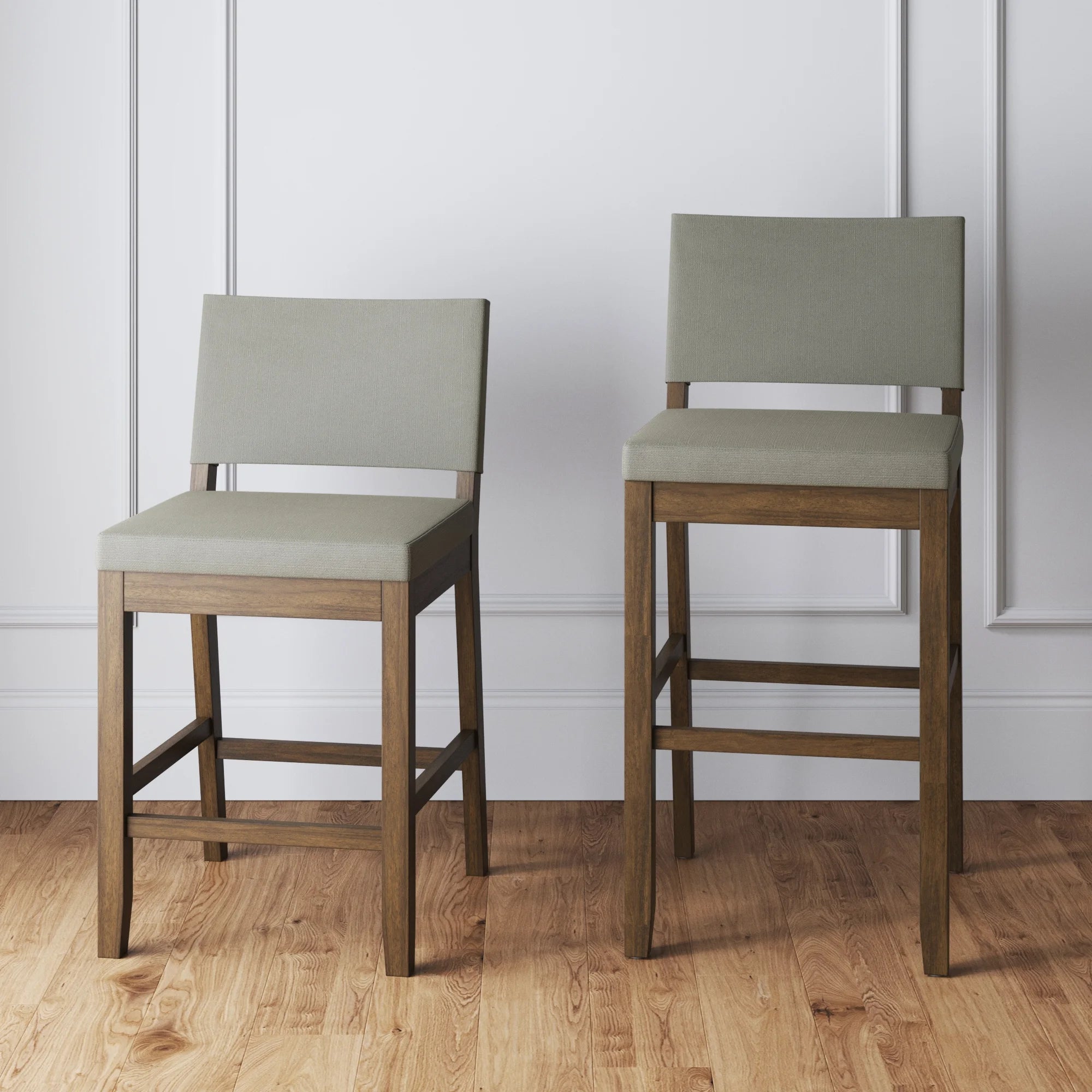 Nathan James Linus Upholstered Bar Stool with Back, Rubberwood Legs, Light Gray/Dark Brown Y554