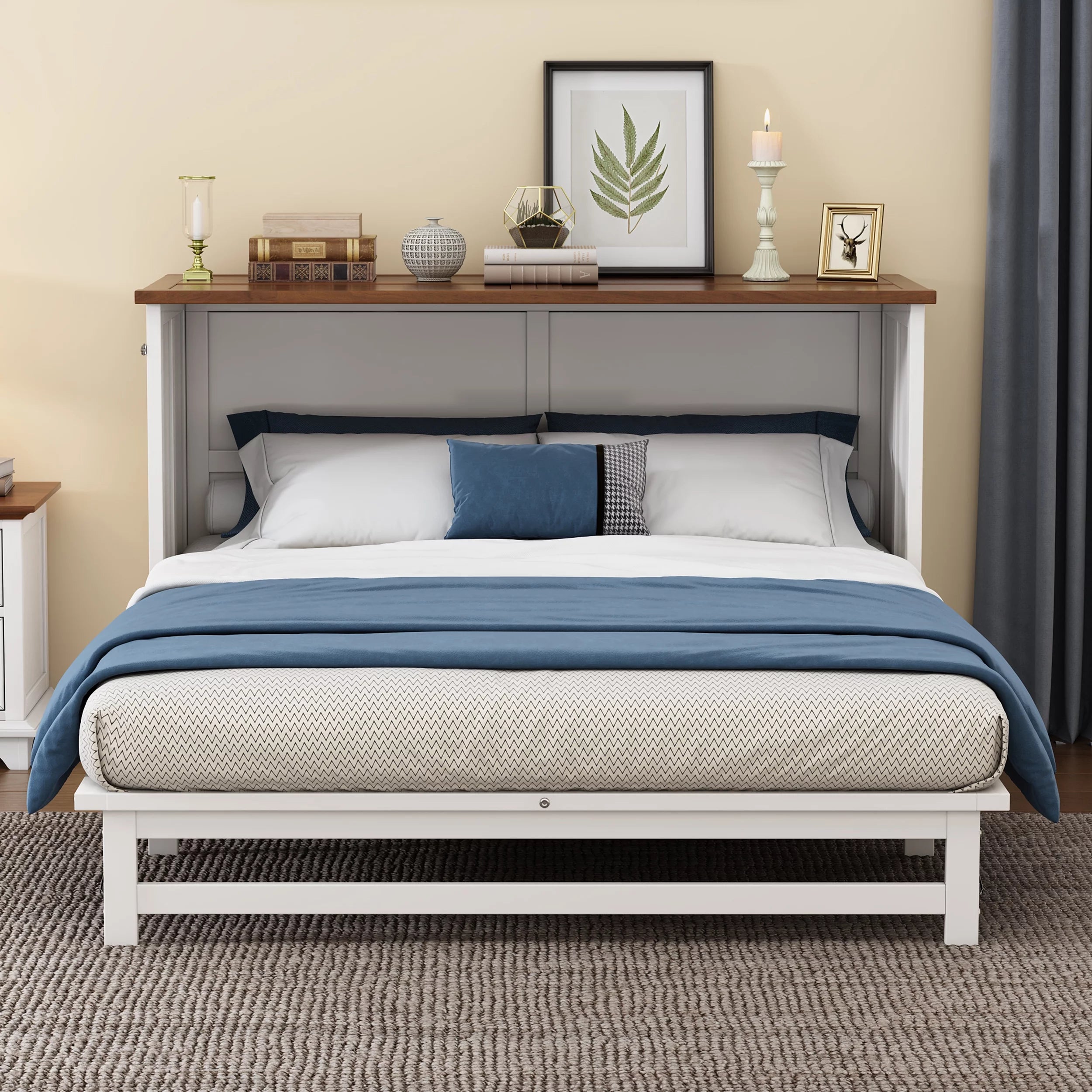 Bellemave Murphy Bed Queen with Storage Drawer, Solid Wood, Charging Station P8432