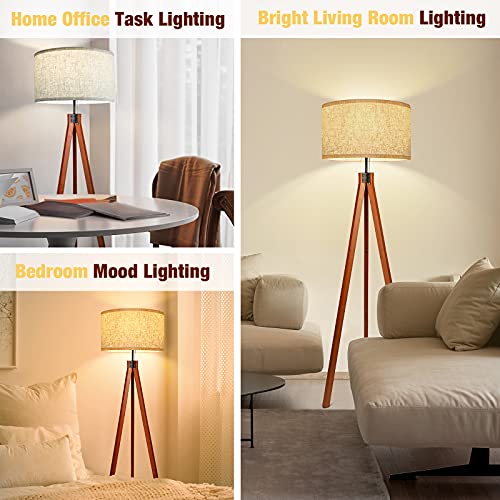 Wood Tripod Floor Lamp, 3 Color Temperatures, Flaxen Shade, E26 Base k7m