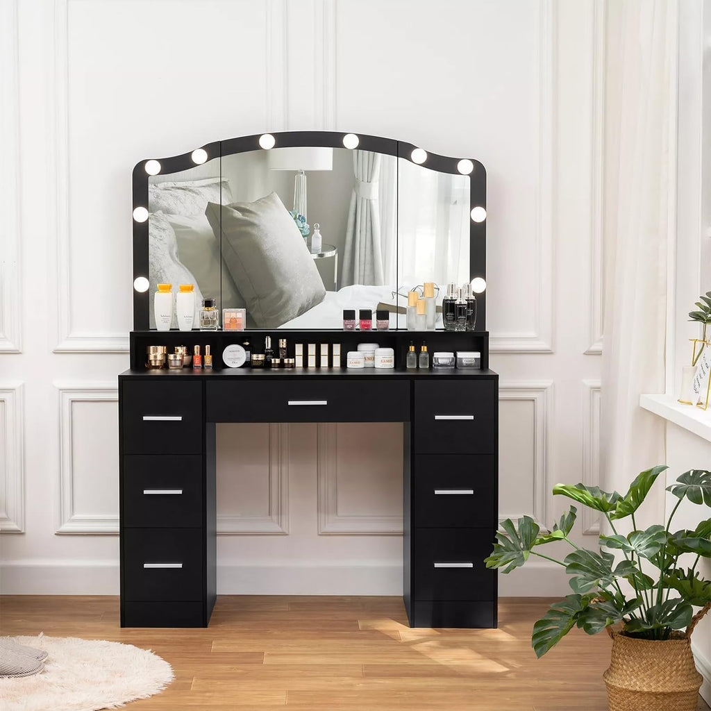 Modern 43.3" Black Vanity Desk with Lighted Mirror and 7 Drawers M739
