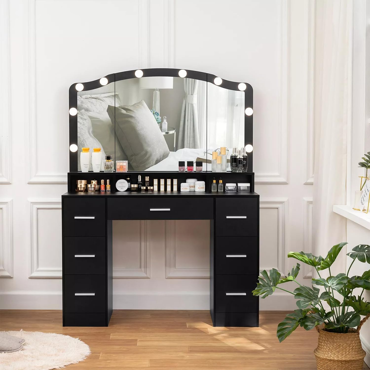 Modern 43.3" Black Vanity Desk with Lighted Mirror and 7 Drawers M739