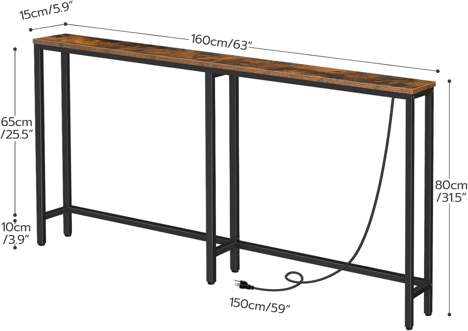 HOOBRO Narrow Console Table with 2 Fabric Drawers and Charging Station, Rustic Brown and Black H1095