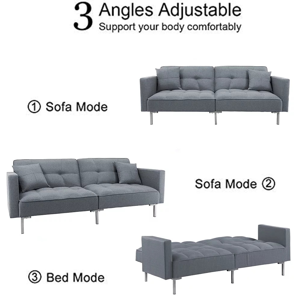 Gray Futon Sofa Bed with 2 Pillows and Metal Legs J375995