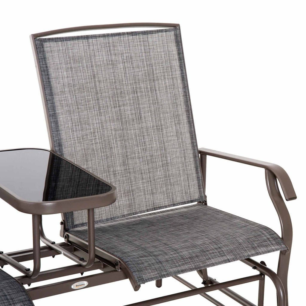 Outsunny Outdoor Glider Bench with Center Table, Metal Frame Patio Loveseat, Gray W632