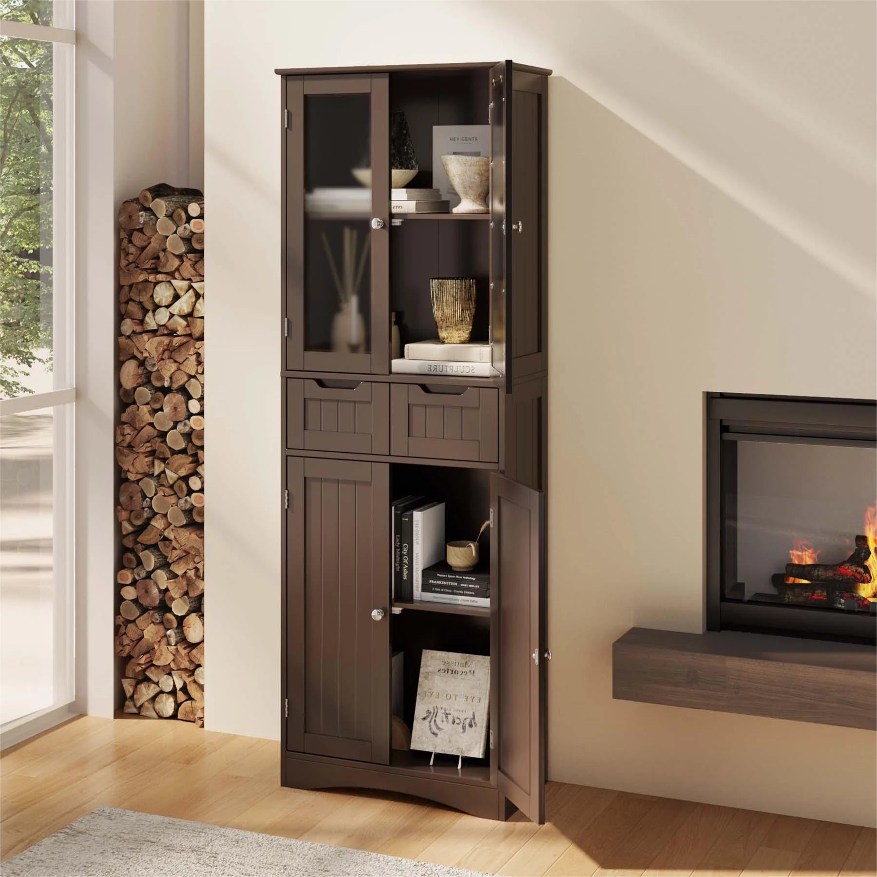 Lofka Tall Storage Cabinet with Glass Doors and 2 Drawers, Dark Brown F93607