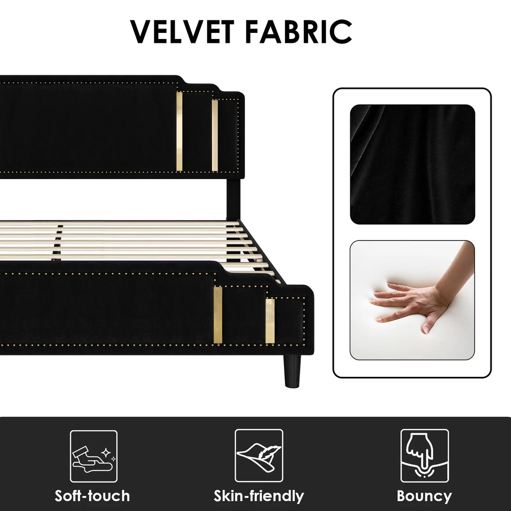 Queen Velvet Upholstered Platform Bed with Adjustable Headboard Black k7m