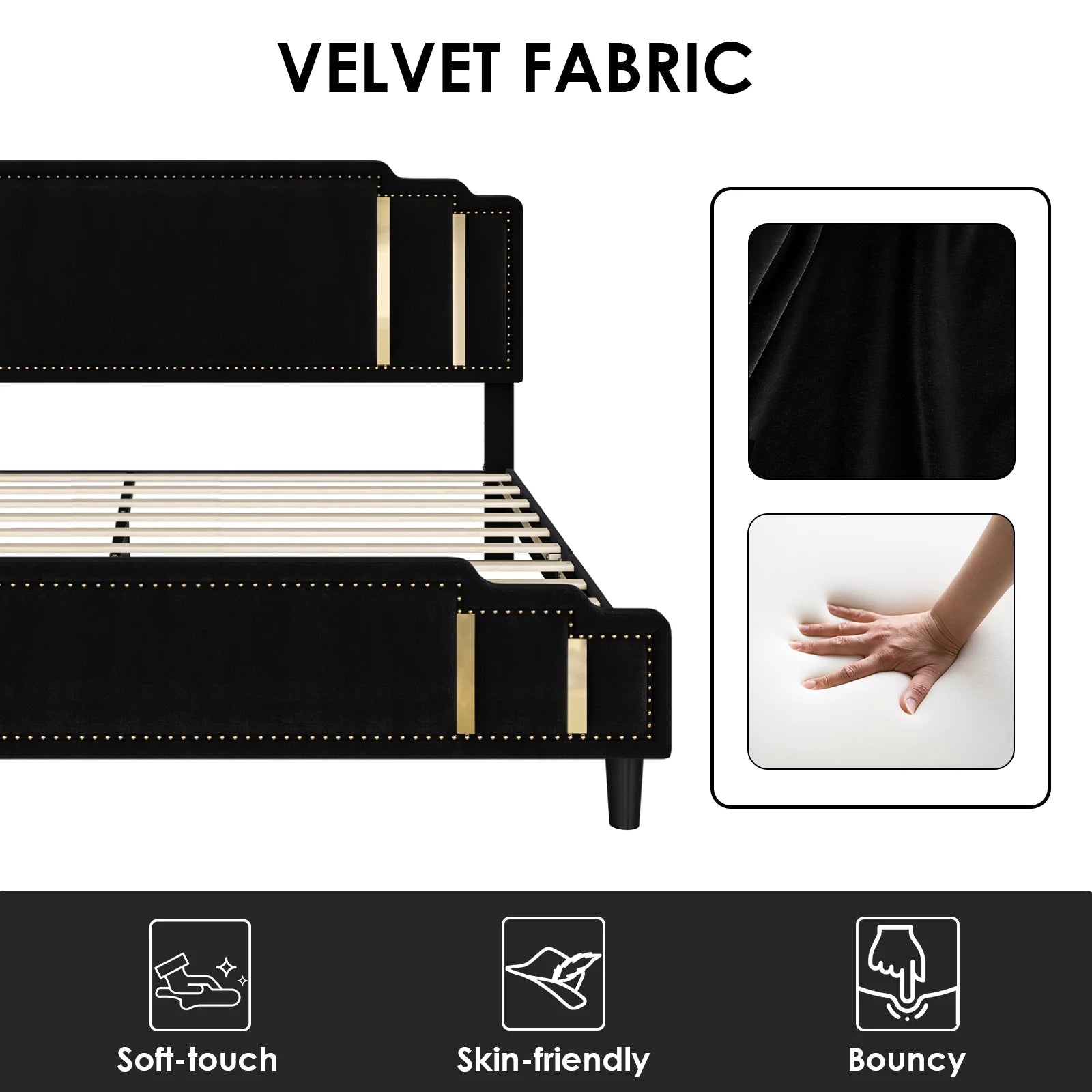 Queen Velvet Upholstered Platform Bed with Adjustable Headboard Black k7m
