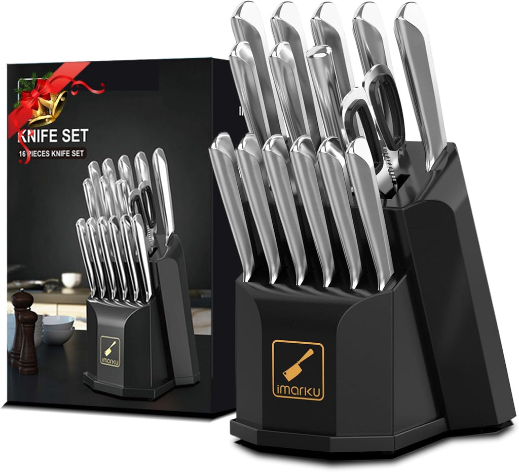 imarku 16 Pcs Kitchen Knife Set with Block, Stainless Steel, Dishwasher Safe Y674