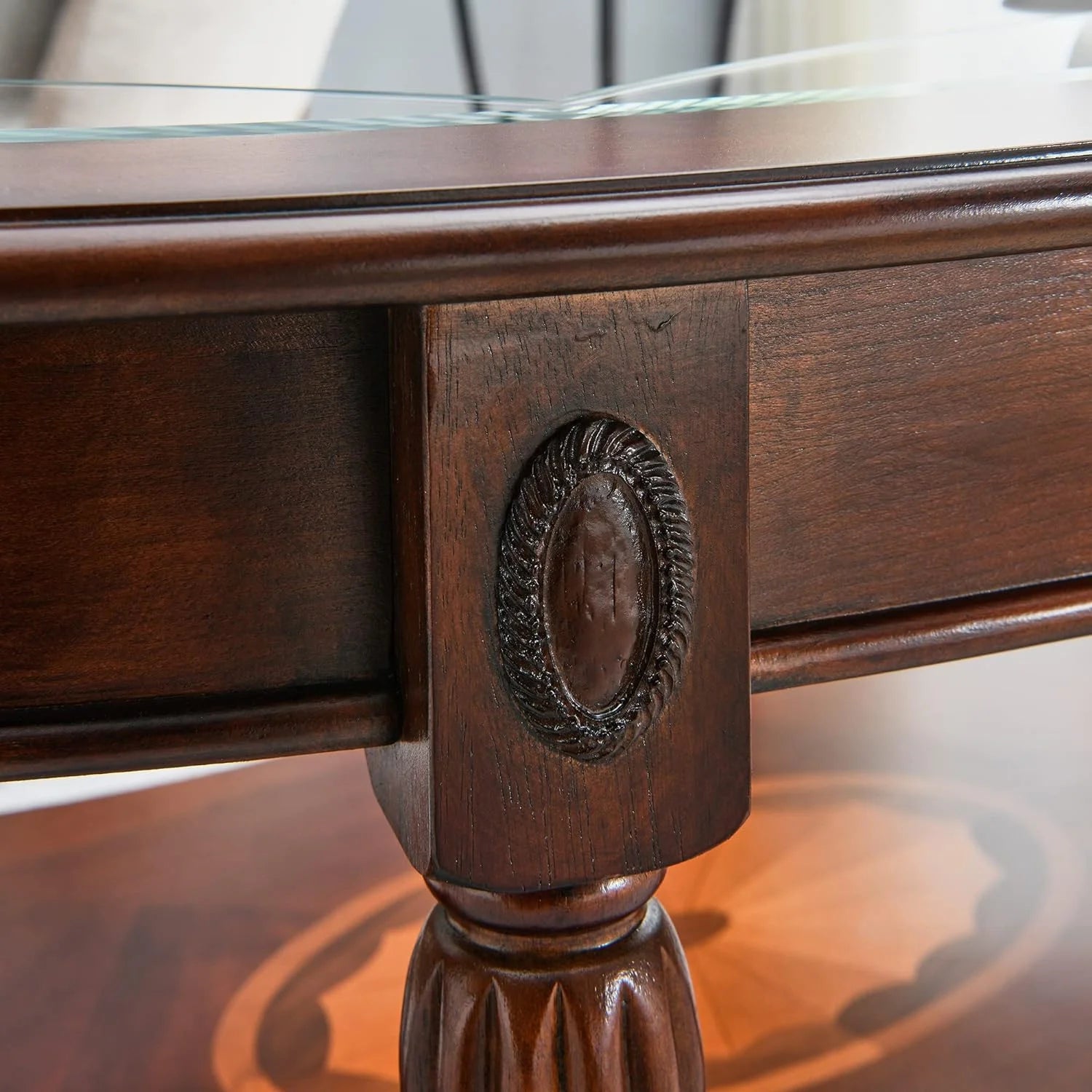 Oval Solid Wood Coffee Table with Glass Top, Cherry Walnut, 46"x29"x18.2" K38367