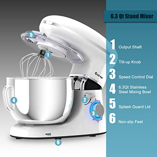 COSTWAY Stand Mixer, 660W 6-Speed Electric Kitchen Mixer with 6.3-Quart Stainless Steel Bowl T80759