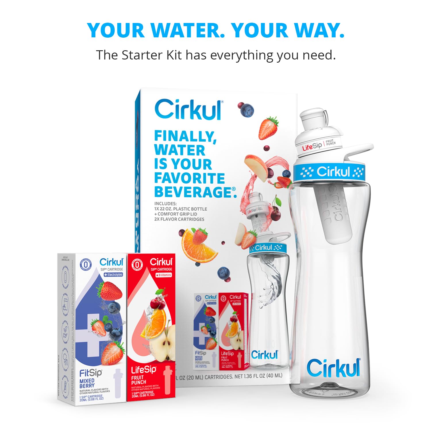 Cirkul Water Bottle + 2 Flavor Cartridge Starter Kit, 22 oz, BPA-Free Plastic E16003