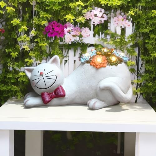 Cat Statue Solar Light Garden Decor Gray k7m