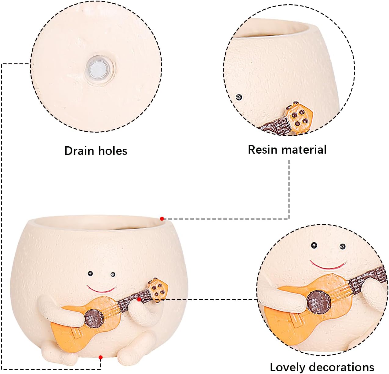 Smiley Guitar Head Succulent Planter with Drainage Hole a7