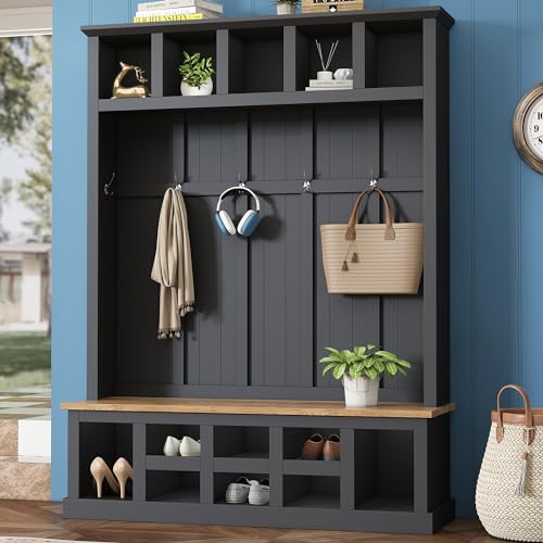 5-in-1 Design Hall Tree with Coat Rack, Cushion and 3 Hooks, 47.2'' Wood Coat Hanger with Shoe Storage Bench and Top Open Storage Shelves Entrance Hallway Living Room (White-47W)