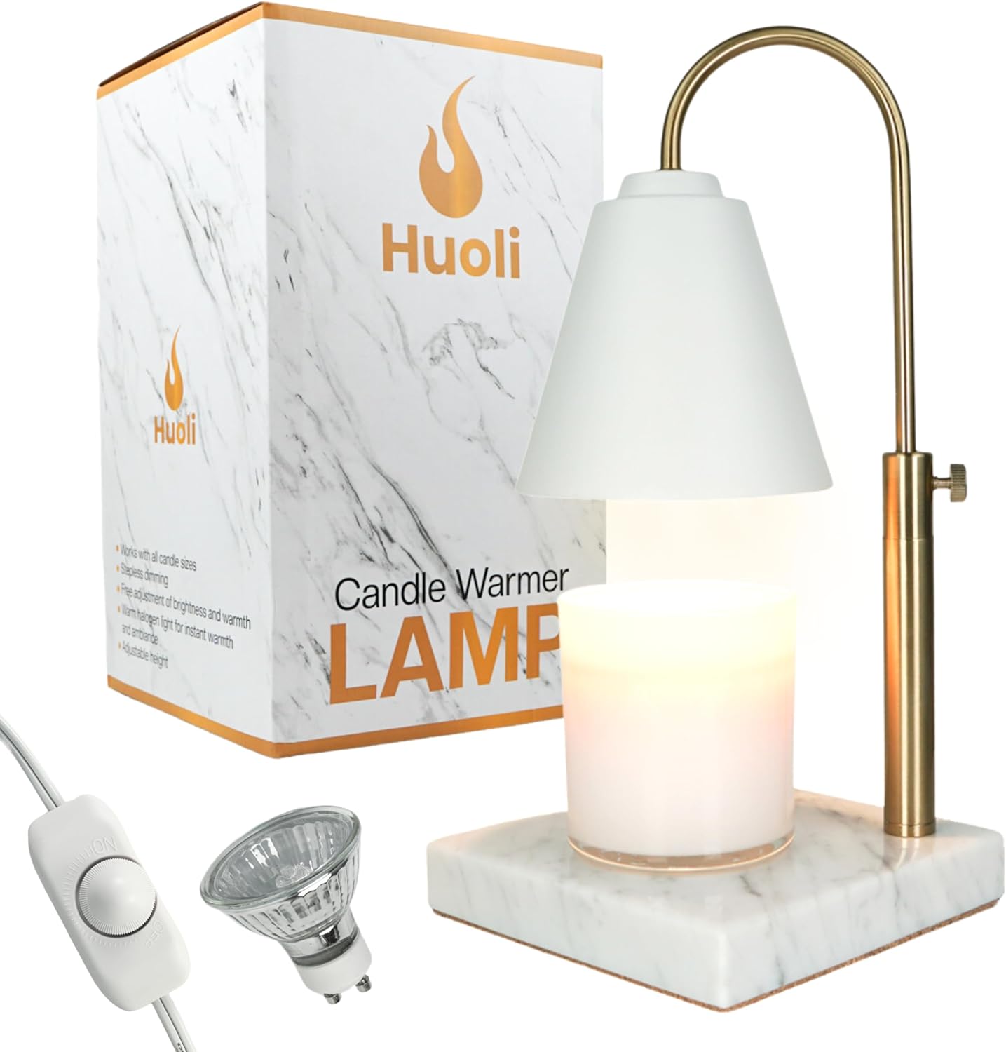 Candle Warmer Lamp - Adjustable Electric Candle Warmer w/Dimmer - Modern Marble Base & Gold Frame - Compatible Up to 7 Inch Candles - Modern Decor for Living Room, Bedroom, Bathroom & Office