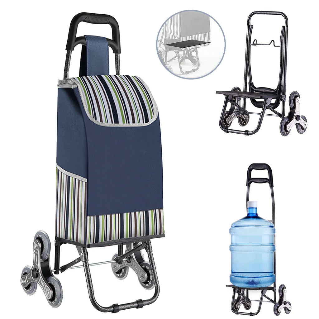 Folding Shopping Cart, Heavy Duty Grocery Cart with Wheels, Easy Stair-Climbing Large Utility Cart Trolley for Groceries, Laundry, Pantry, Garage,Stainless Steel Wheel,Blue - Radiant Selections
