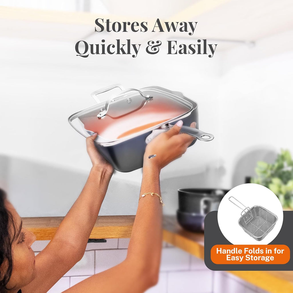 Gotham Steel Nonstick Square Deep Frying Pan 9.5" with Lid, Basket & Steamer Tray G5966