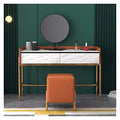Luxury Dressing Vanity Table w/Stool for Bedroom, Dressing Table with 2 Large Drawers, Bedroom Makeup Vanity Desk with Round Mirror and Cushioned Stool(White)