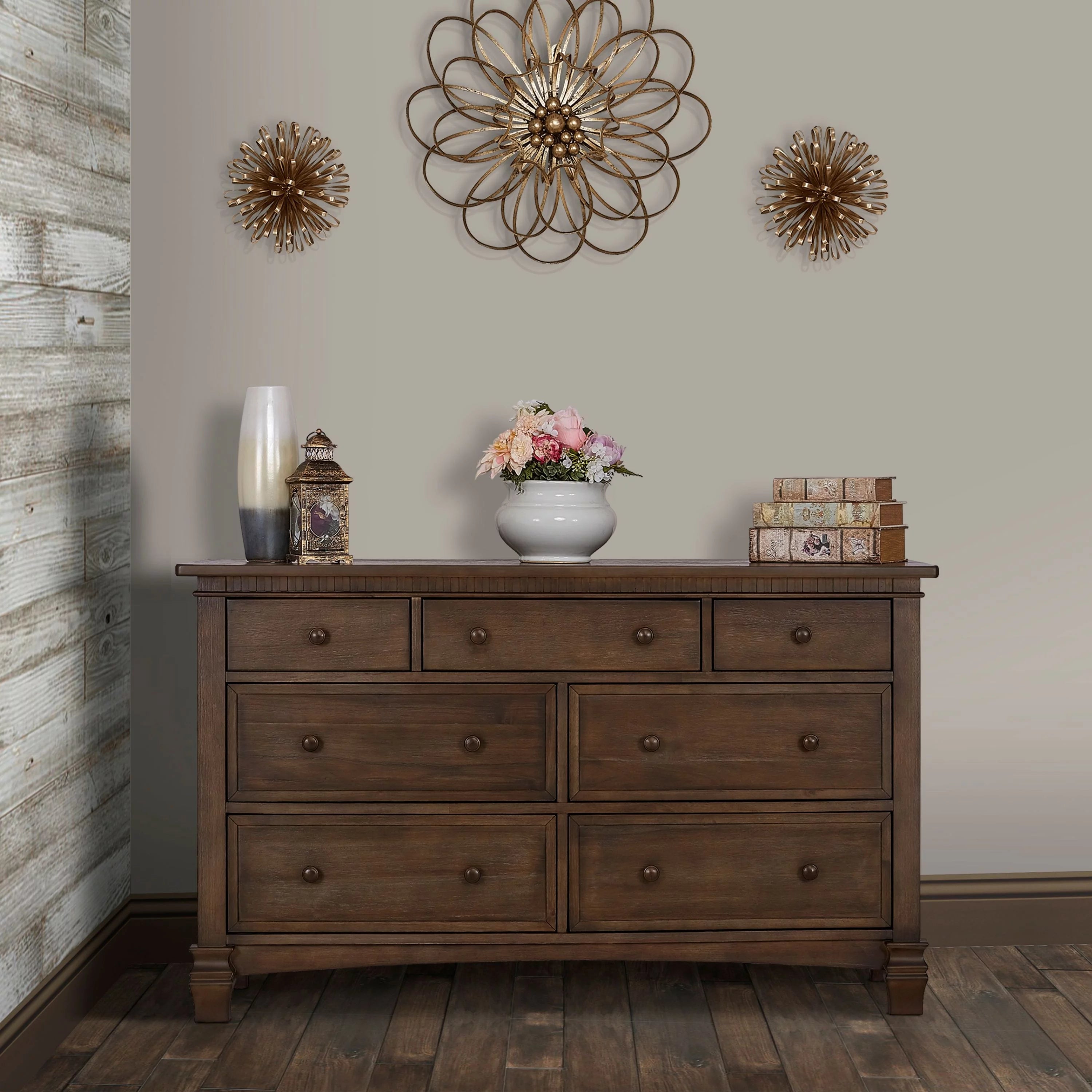 Evolur Cheyenne and Santa Fe Double Dresser, Antique Brown, 7 Drawers D298