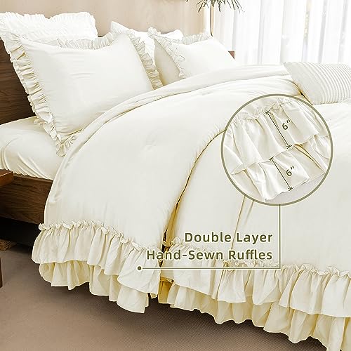 QSH Ruffled Comforter Set Queen 3pcs Taupe Boho Chic Bedding E17512