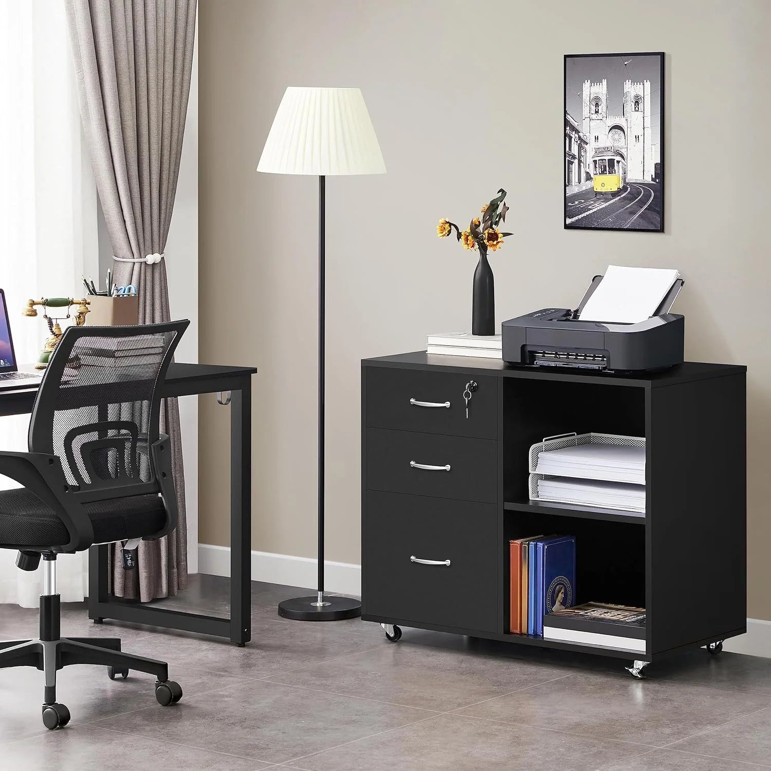 Black File Cabinet with Lock, 3 Drawer Lateral for Home Office O4008