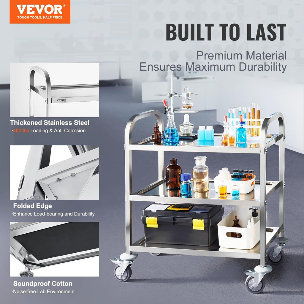 Lab Utility Cart 3 Shelves Stainless Steel Rolling Cart a7