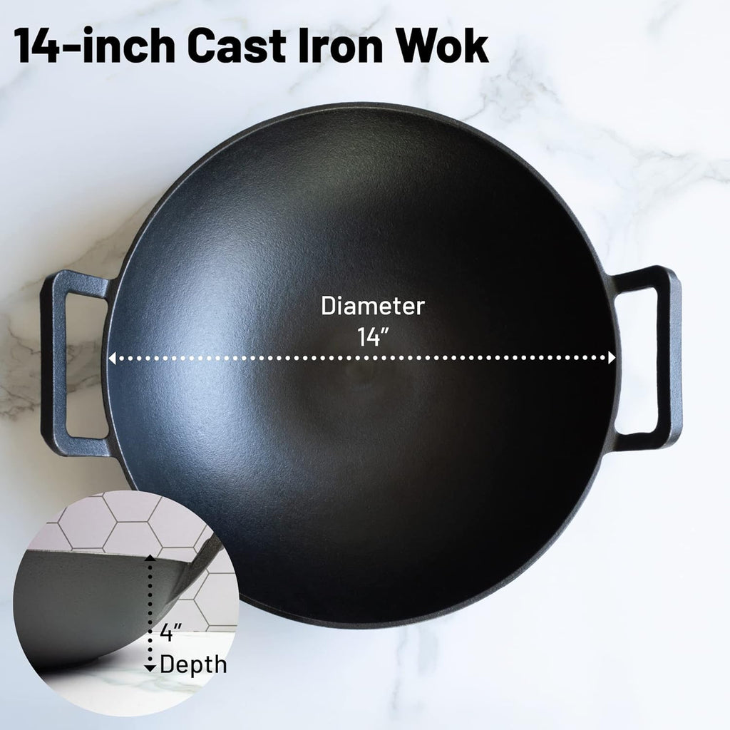 Backcountry Iron 14 inch Cast Iron Wok with Flat Base and Handles W762060