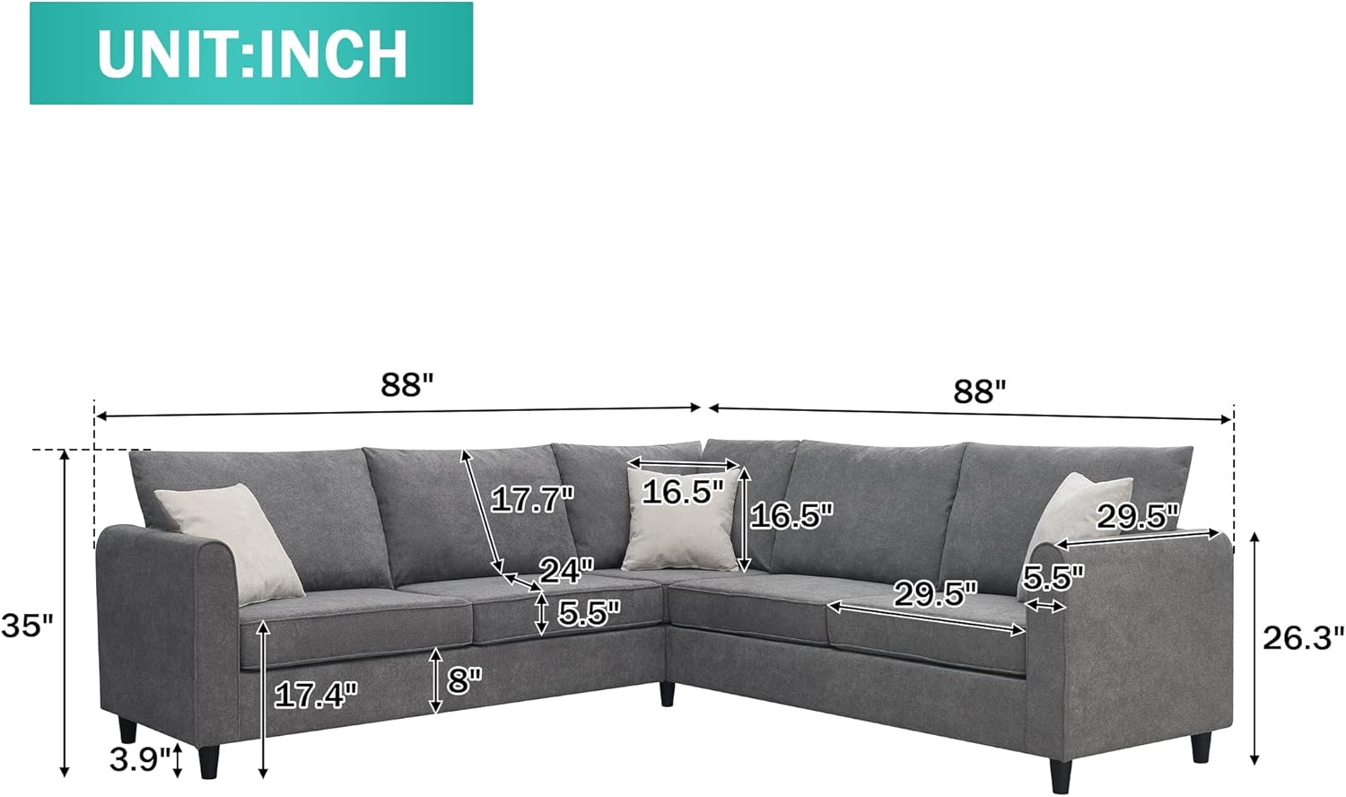 Harper & Bright Designs L-Shape Sectional Sofa with 3 Pillows, Gray N712