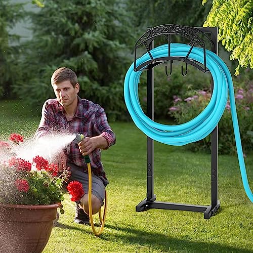 Garden Hose Holder Freestanding Heavy Duty Metal Hanger Outdoor Storage Rack Black a7