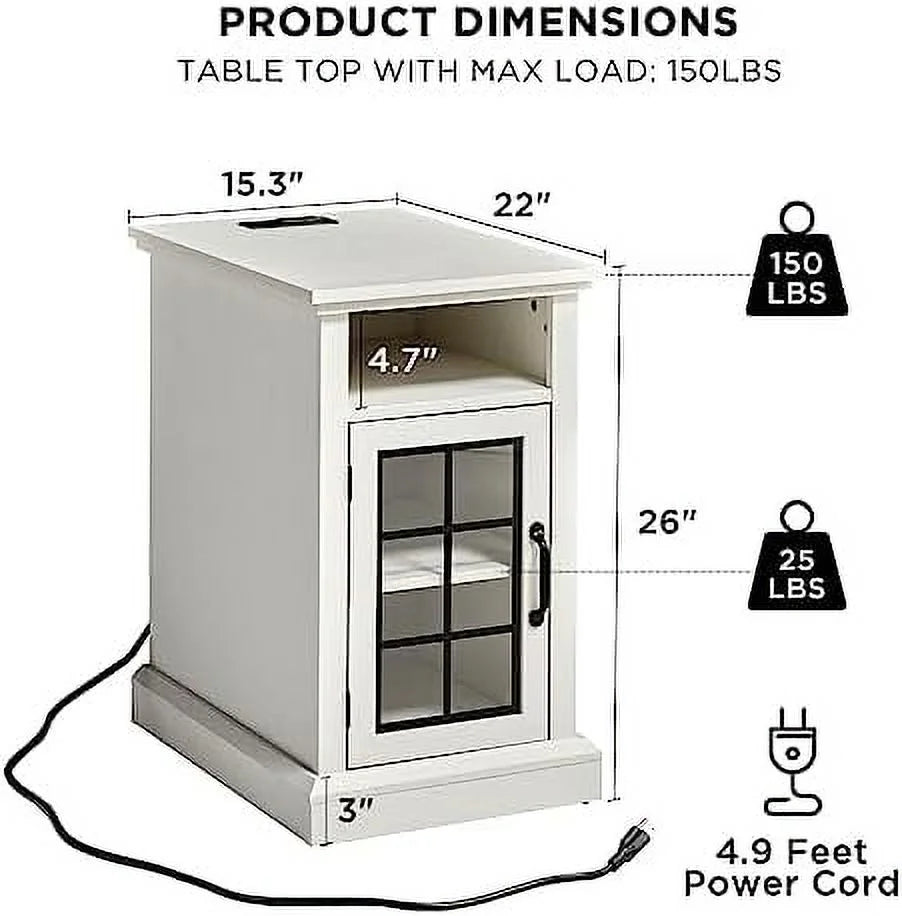 Set of 2 End Table with Charging Station and USB Ports, Glass Door, Distressed White L46911
