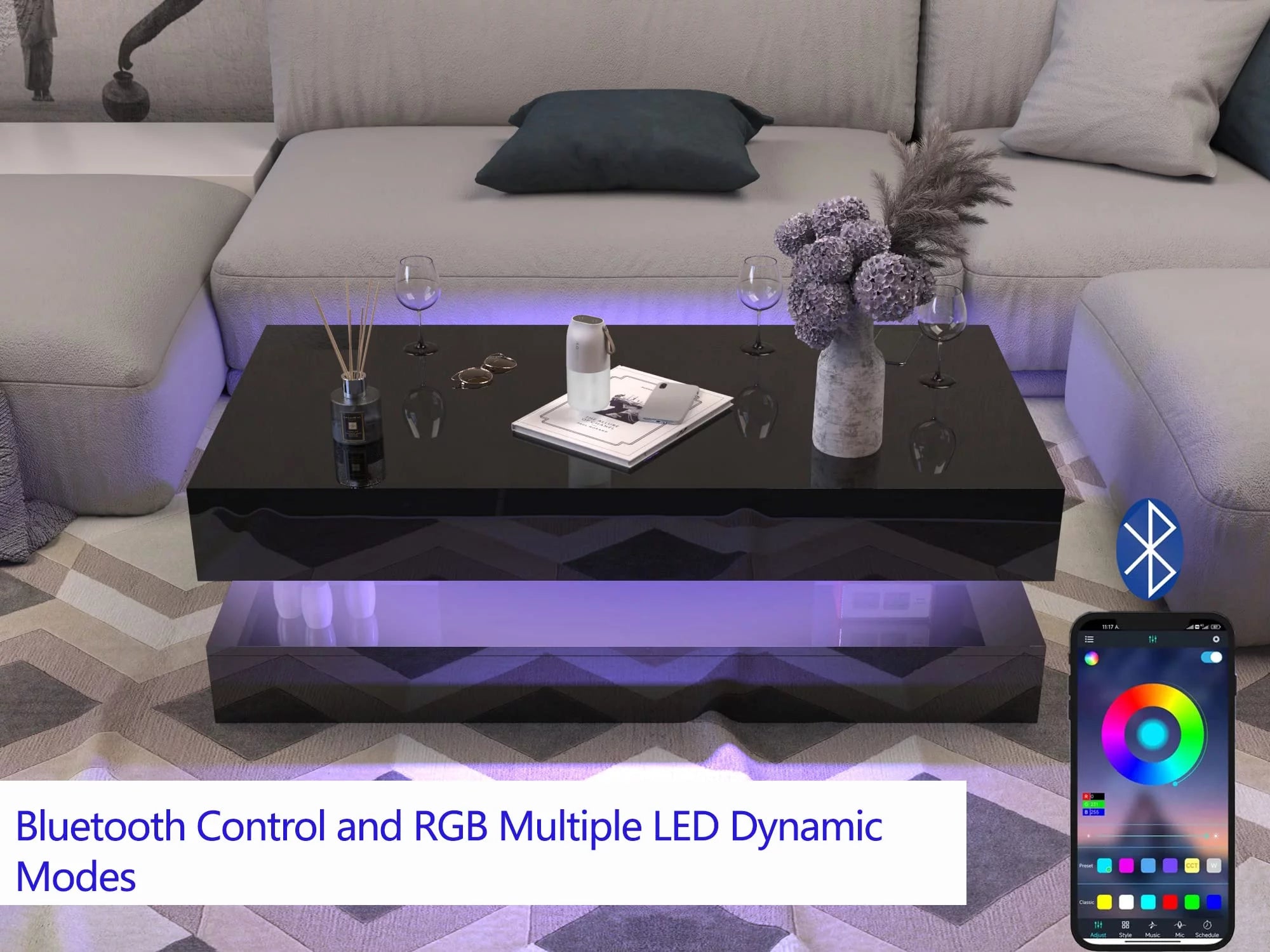 LED Coffee Table with 2 Storage Drawers, App Control k7m