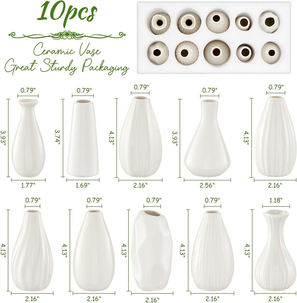 Mini Ceramic Vase Set of 10 - 4 inch White Bud Vases for Home Decor F307