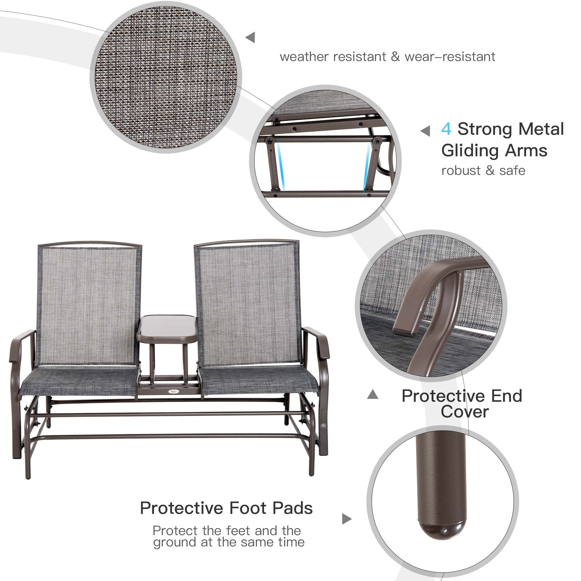 Outsunny Outdoor Glider Bench with Center Table, Metal Frame Patio Loveseat, Gray W632