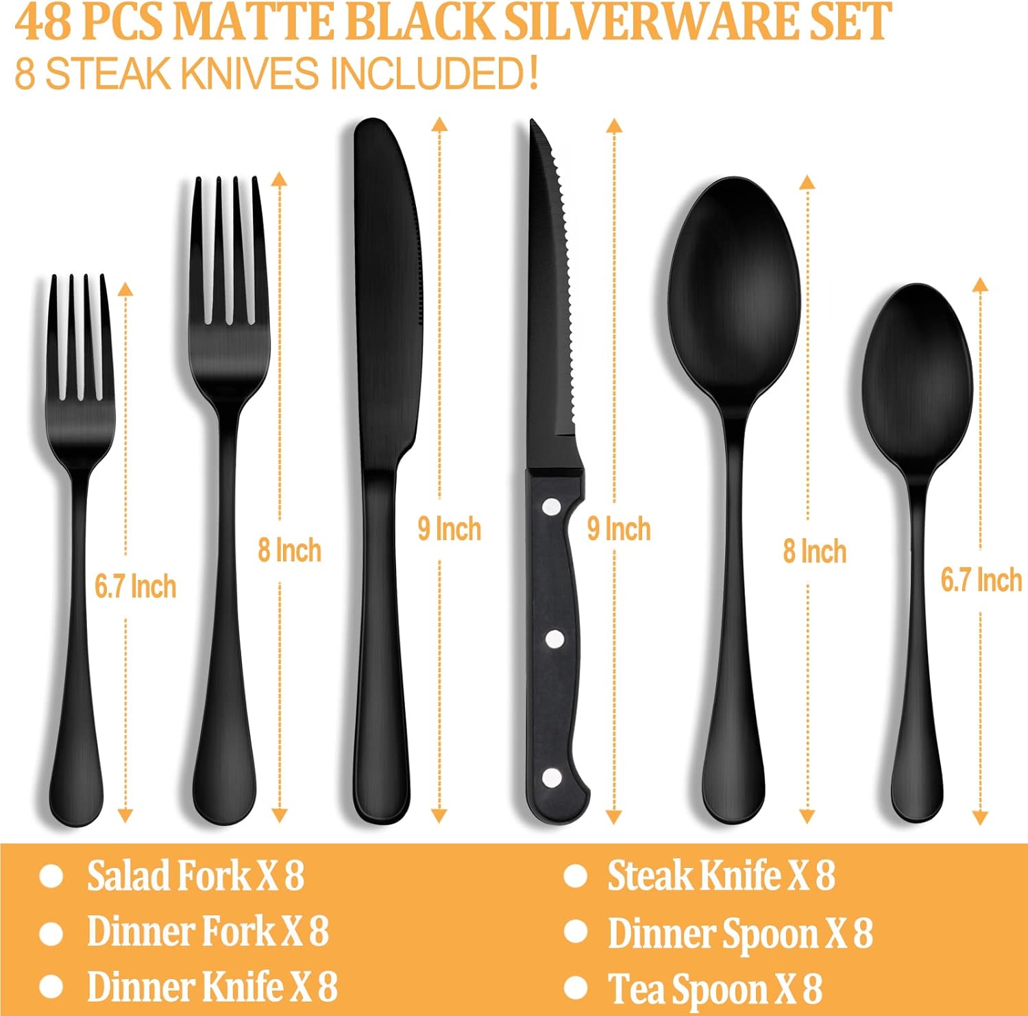 Matte Black Silverware Set with Steak Knives for 8 N8720