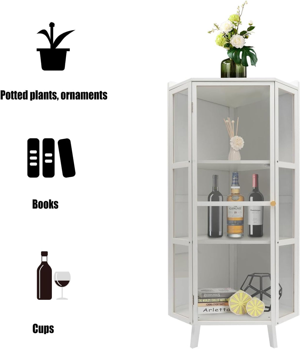 Tall Corner Storage Cabinet with Clear Door, 3-Tier Freestanding Shelves, White I118