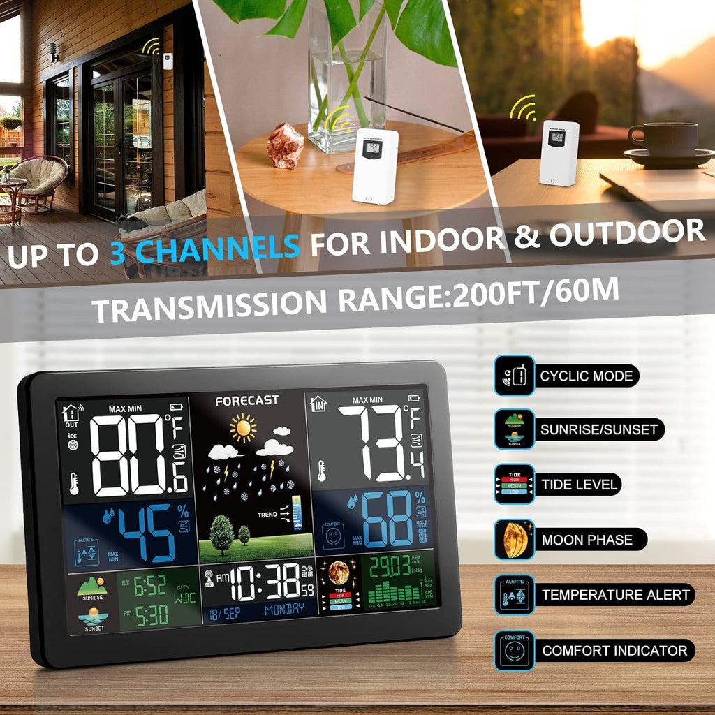 Wireless Indoor Outdoor Weather Station with 3 Remote Sensors and Color Display L200