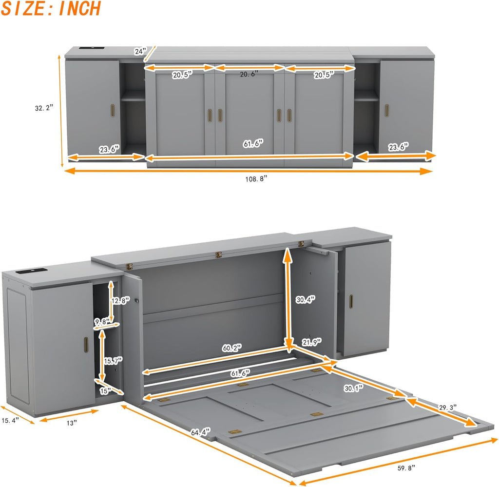 Queen Murphy Bed with Shelves, Cabinets and USB Ports B38632
